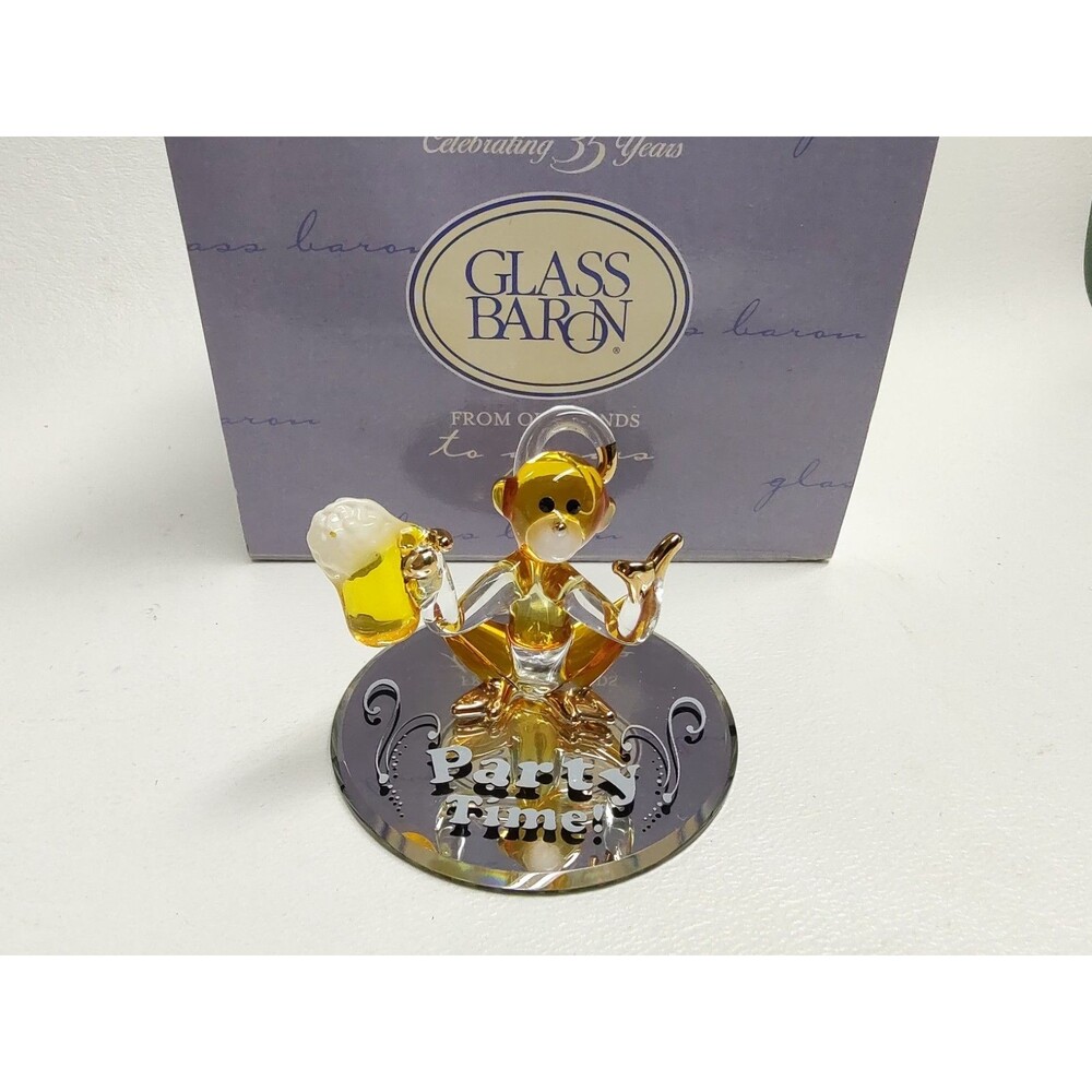 Art Glass Baron PARTY TIME MONKEY Swarovski Figurine 22K Gold Trim USA 1-1/2" T